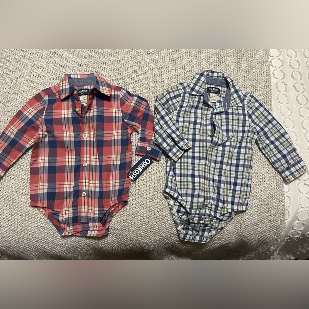 OshKosh B'gosh Red and Blue Plaid Baby Bodysuits size 12m